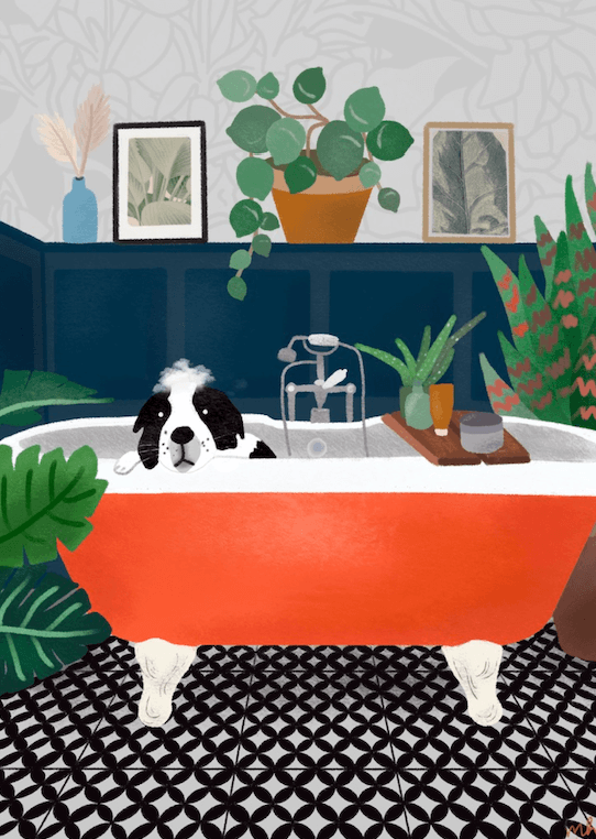 In the same style as the previous image, the dog sits in an orange claw-foot bathtub with a small pile of soap suds on his head. The floor has a black-and-white tiled pattern. More plants creep into the frame.