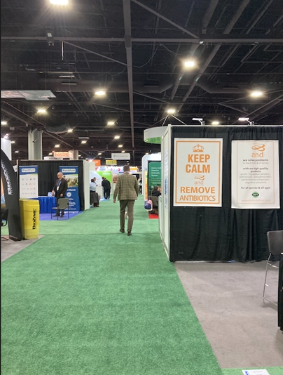 A large warehouse has expo booths and green astro turf lain amid the aisles.
