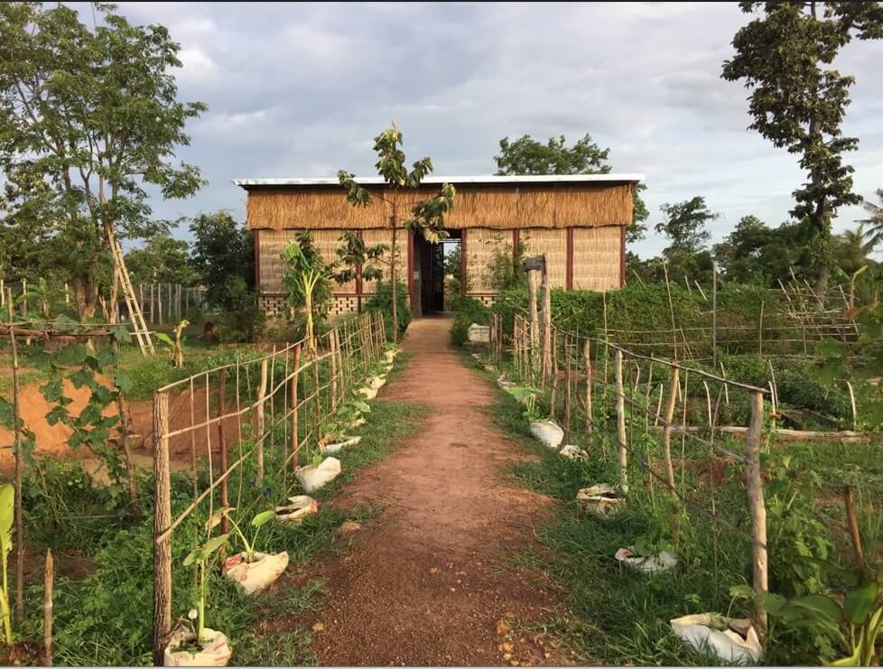 A view of the Greenshoots Agritech Centre from the entryway path. There are bamboo and straw fences and detailing on its roof.