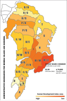 A color-coded map of Mumbai's wards showing the Human Development Index (HDI) from 2009. Lighter shades indicate higher HDI, while darker shades indicate lower HDI. The M/EAST WARD CHEMBUR is highlighted, with details of its land area (32.50 SKM) and 2011 population (6,74,850)