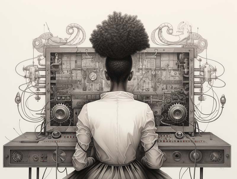 A black female scientist sits at an algorithmic divination machine full of buttons, dials and wires