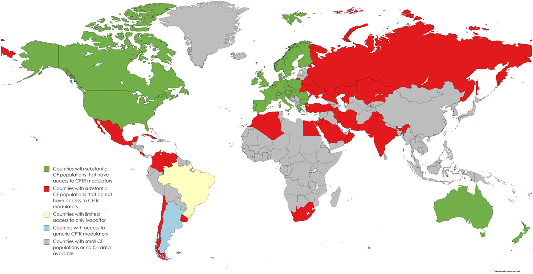 A world map with countries in different collors. A subtitle says in Green: "Countries with substantial CF populations that have access to CFTR modulators". In red: "Countries with substantial CF populations that do not have access to CFTR modulators". In yellow: "Countries with limited access to only ivacaftor". In blue: "Countries with access to generic CFTR modulators. In gray: "Countries with small CF populations or no CF data available".
