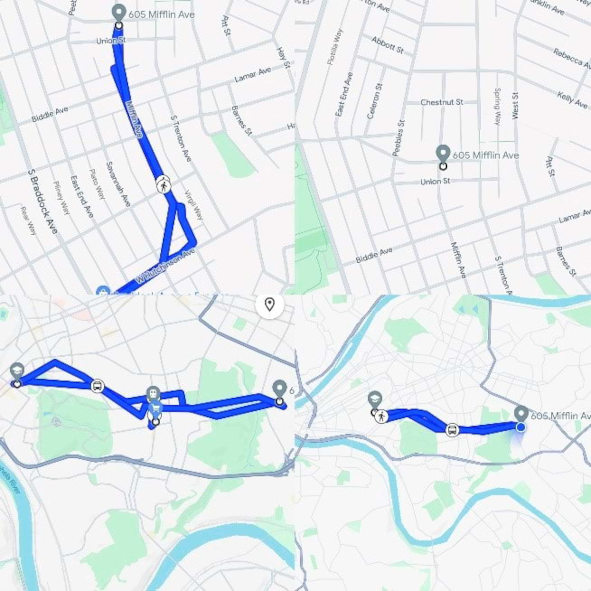 Snimak ekrana kretanja autora u Pitsburgu praćenog Google mapama.