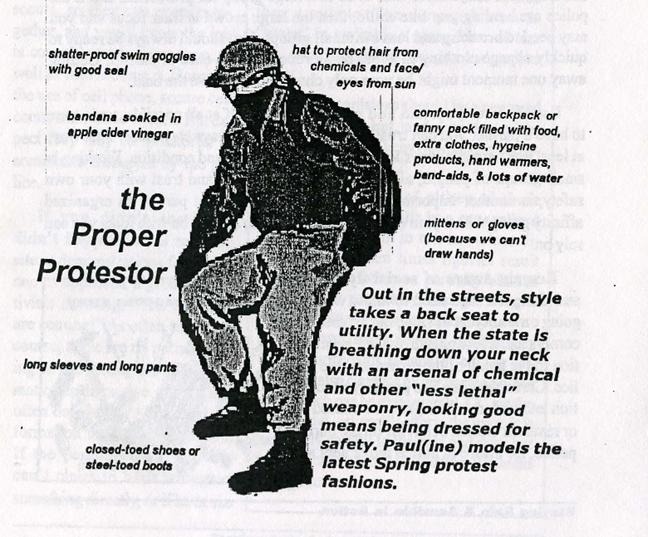 An illustration which also provides written details about how to best dress for a protest
