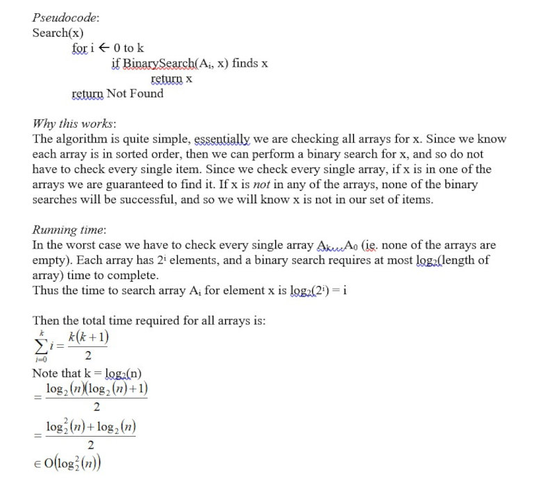 Notes made by the author related to a code solution. The text includes calculations and additional comments related to "why this works" with a note that begins: "The algorithm is quite simple". There are additional comments under a heading "running time" and several more related equations.