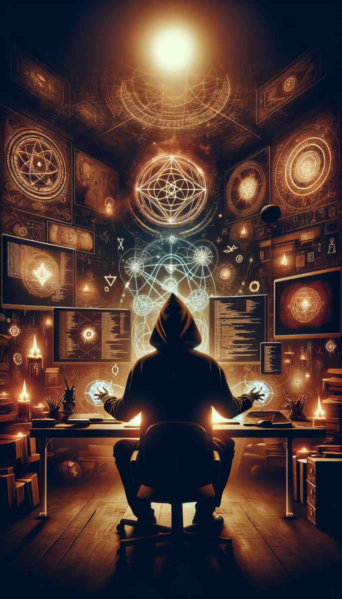 The Magician tarot card: a hooded figure sits with their back facing the viewer, at a desk with multiple screens. Their hands are stretched out to the side holding glowing orbs.