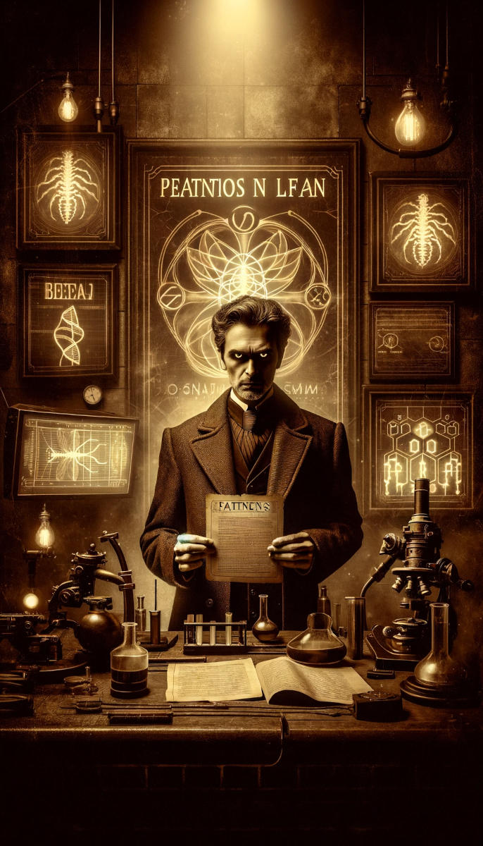  The Force tarot card: a figure in a wool pea coat stands over a desk with a microscope and some beakers, holding a piece of paper in his hands. His eyes pierce the viewer ominously. 