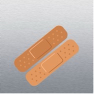 Illustration of two beige adhesive band-aids with a raised rectangular pad in the center and perforated strips on either side. The band-aids spread diagonally across a sterile stainless steel surface.