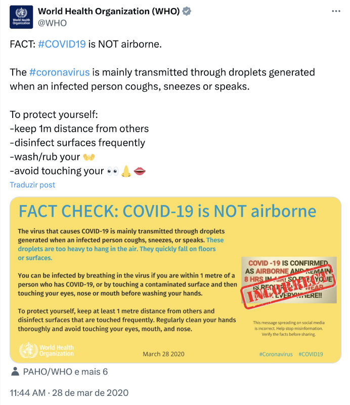 The tweet further states: "The #coronavirus is mainly transmitted through droplets generated when an infected person coughs, sneezes or speaks. To protect yourself: keep 1m distance from others, disinfect surfaces frequently, wash/rub your [hand emoji], avoid touching your [eyes emoji] [nose emoji] [mouth emoji]." Attached to the tweet is a yellow info graphic conveying the same information.