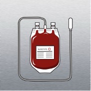 Illustration of a transparent blood packet with red liquid indicating blood. The packet is labeled with medical information and has a connecting tube at one end. It rests against a sterile stainless steel surface.