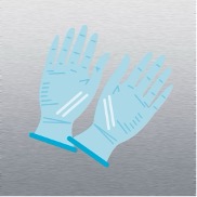 Illustration of two blue latex medical gloves with smooth, shiny surfaces. Gloves are spread open with fingers extended, lying flat against a sterile stainless steel surface.