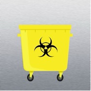 Illustration of a bright yellow bin with a black biohazard symbol on the front. The bin is topped with a tight lid for the disposal of medical waste. It stands against a sterile stainless steel backdrop.