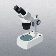 Illustration of a laboratory microscope with a white body and black adjustment knob. The lenses are positioned above the stage where specimen slides would be placed for observation. The microscope stands upright on a sterile stainless steel surface.