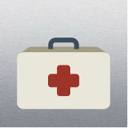 Illustration of a white medical equipment case with a red cross symbol prominently displayed on the front. The case is designed with a sturdy handle for easy transport of emergency medical supplies. It stands upright on a sterile stainless steel surface.