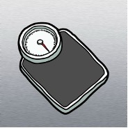 Illustration of a simple analog body weight scale set flat against a sterile stainless steel surface.