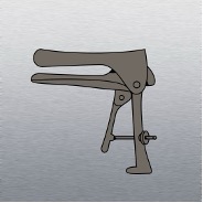 Illustration of a smooth double-bladed metal speculum standing upright against a sterile steel stainless surface.