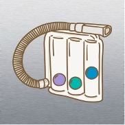 Illustration of a clear, three-chamber spirometer with an attached hose and mouthpiece, standing upright against a sterile stainless steel background.