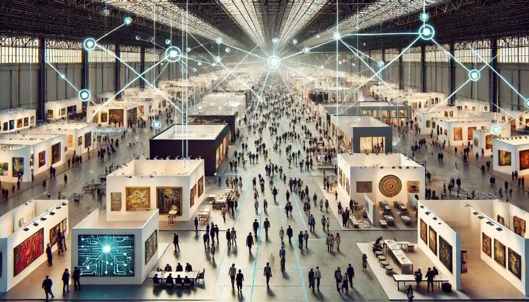 Image of an art fair generated by ChatGPT. The art fair appears to be taking place in a large hall with bright LED lighting. There are several stalls displaying different kinds of artwork, although none are close enough to be described clearly. People are depicted moving in and out of the stalls and across the exhibition hall, which appears busy.