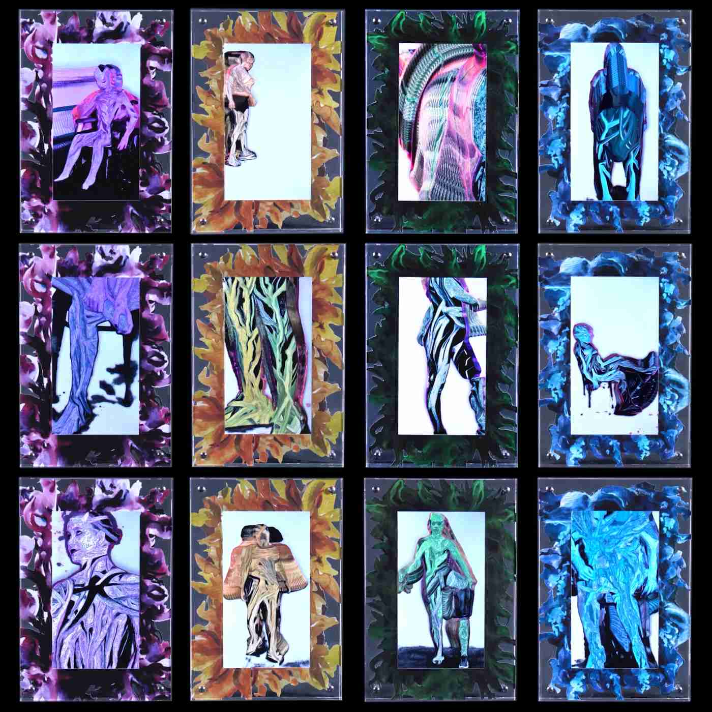 An image of 12 acrylic frames  with colourful, organic borders. Inside the frames are the Disabled Body in Motion animations. The frames are in shades of yellow, blue, pink and green