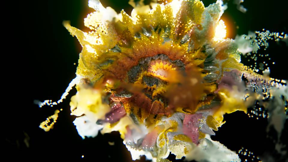 A vibrant sunflower made of particles is captured in the still, its delicate forms breaking apart. The petals fragment into a burst of color and texture, creating a dynamic swirl of particles that resemble organic movement in water. Soft bubbles float across the image, partially blurring the scene and adding a sense of fluidity to the composition