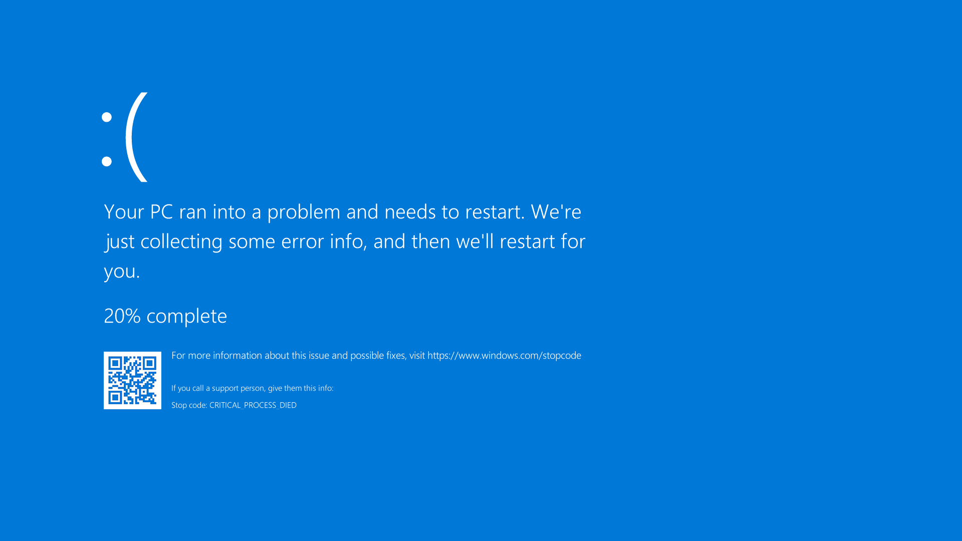 A screen capture of a Windows re-start error message as known as the "blue screen of death."