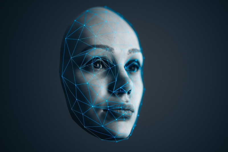 3D-rendered human face with a web of data points that capture and map human facial features with precision, showcasing the intersection of technology and identity.