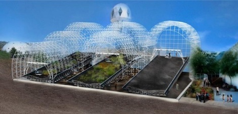 A rendering of a laboratory with three sloping fields of soil, two of them with plants.