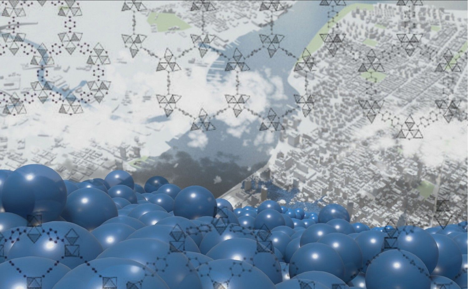 Image showing showing the compound structures of metal organic frameworks against a background of an aerial view of cityscape. Clouds and the compound structures of MOFs are laid atop each other.