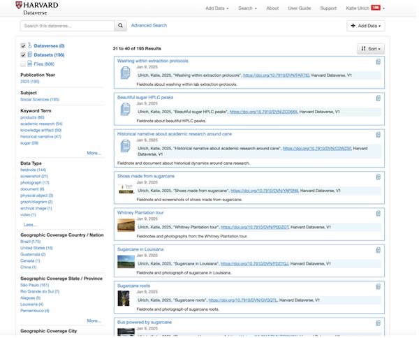 On the left, a menu with different categories by which to sort the entries, from geographical locations to keywords to data types. On the right, filling most of the page, are sugar library entries listed in rows, each with a thumbnail accompanying it.