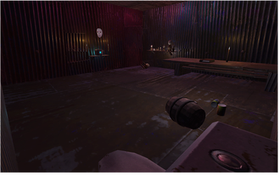 A dimly lit, metallic room with corrugated walls, a floating white mask, a glowing box on a shelf, scattered cans and a barrel on the floor, and a long table with candles and objects in the background.