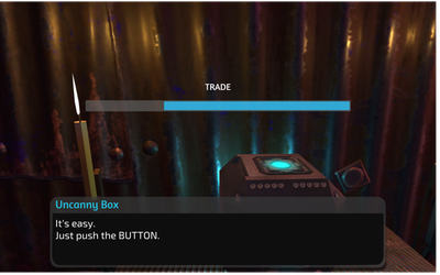 Close-up view of the AI box with a glowing top and interface text reading “TRADE,” accompanied by a dialogue box saying “It’s easy. Just push the BUTTON.”