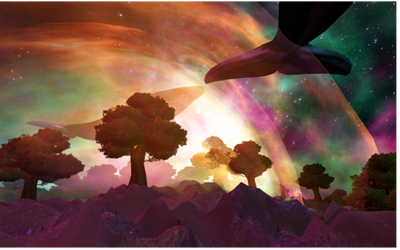 A psychedelic landscape featuring vividly colored skies, purple mountains, silhouetted trees, and floating whale-like figures.