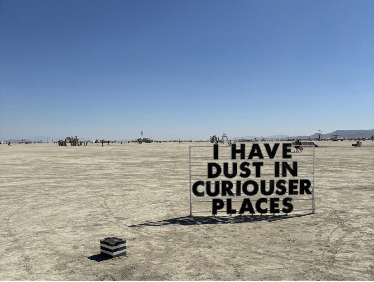 A transparent sign in a desert landscape that reads: I have dust in curiouser places.