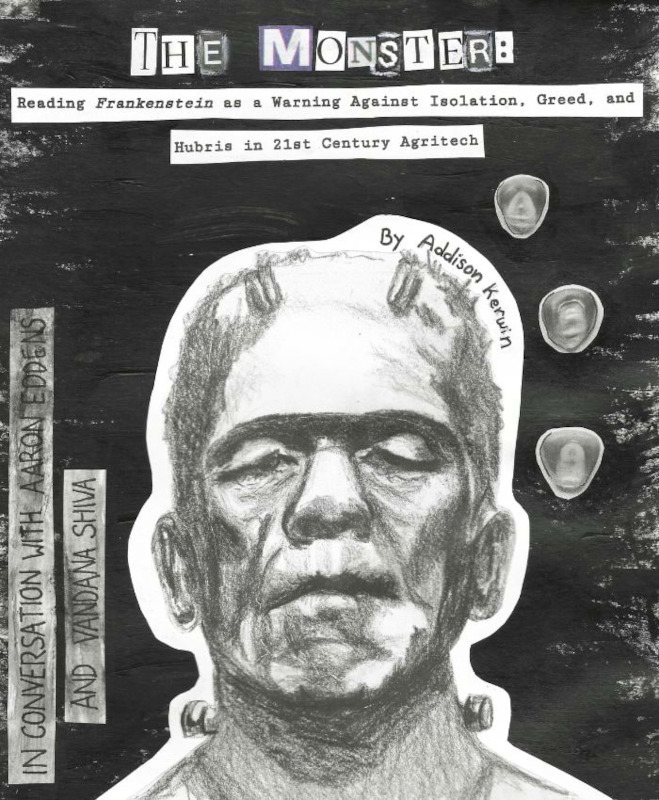 The image shows a black and white collage. In the center is the image of a male human head. The head has nodes sticking out at the neck.