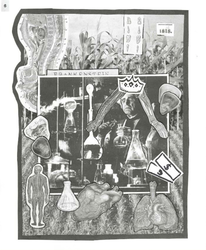 Black and white Collage featuring the scientist and his god-complex, alongside fractured laboratory.