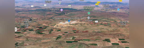 A satellite and a topographic image of the undulating landscape of Tummalapalle Uranium Mine and Mill's tailing pond. To the right of the pond is Mabbuchintallapalle village and to the left are K.K. Kottala and Kanampalli villages in that order.