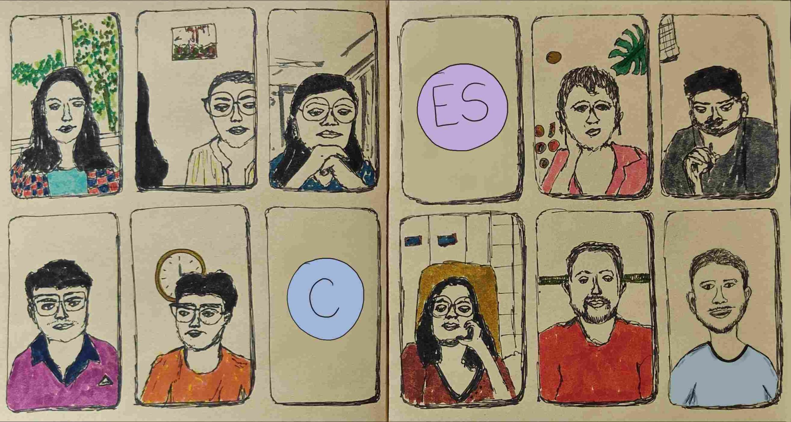 A hand-drawn sketch of an online meeting of the Labor Tech Research Network's (LTRN) India chapter, showing participants' virtual personas