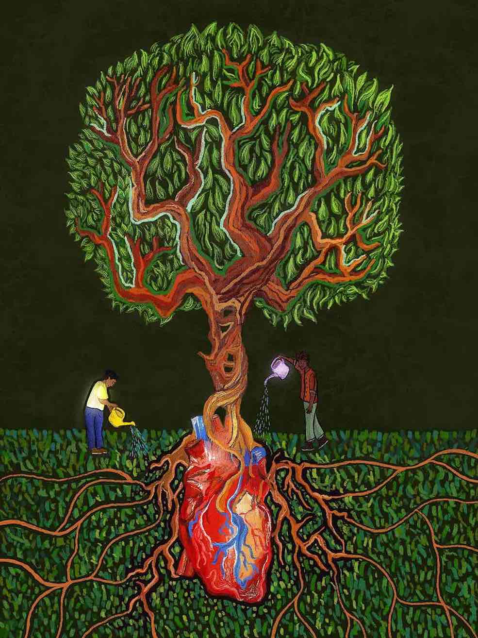 A tree against the dark background stands in the middle of the painting. The tree stands on its root that is underground. At the center of the root is a human-heart. On the ground are two people, watering the plant. 