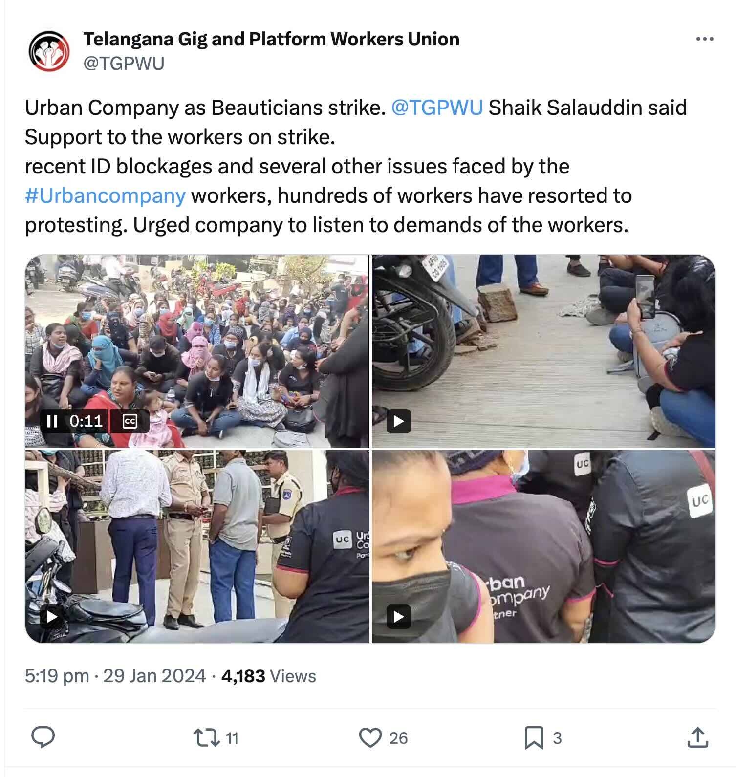 Screenshot of a tweet from Telangana Gig and Platform Workers Union (@TGPWU) about Urban Company beauticians going on strike. The tweet says Shaik Salauddin expressed support for the workers, citing recent ID blockages and other issues faced by Urban Company workers, and urged the company to listen to their demands. Below the text is a collage of four images: a large group of mostly women sitting closely together on a street in protest; a small group seated on the ground near parked motorcycles; police officers speaking with a few men on the roadside; and several workers wearing black “Urban Company Partner” shirts, one woman in a face mask visible in the foreground. The tweet shows it was posted at 5:19 pm on 29 Jan 2024 and has 4,183 views.