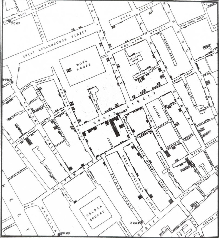 A detailed black-and-white map of a 19th-century London neighborhood, showing square dots that indicate cholera cases, which concentrate around Broad Street.