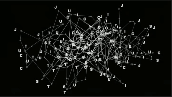 The image shows thin white lines on a black background, resembling overlapping star constellations. Small dots at the end of the lines contain the letters j, u, s, t, i, c, and e. When viewed more closely, the word ‘justice’ appears in different configurations.