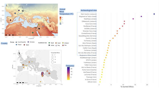 This figure integrates a paleoclimate map (upper left), a spatial distribution of burned lithic frequencies (lower left), and a site-level summary plot (right) within a broad geographic context. 