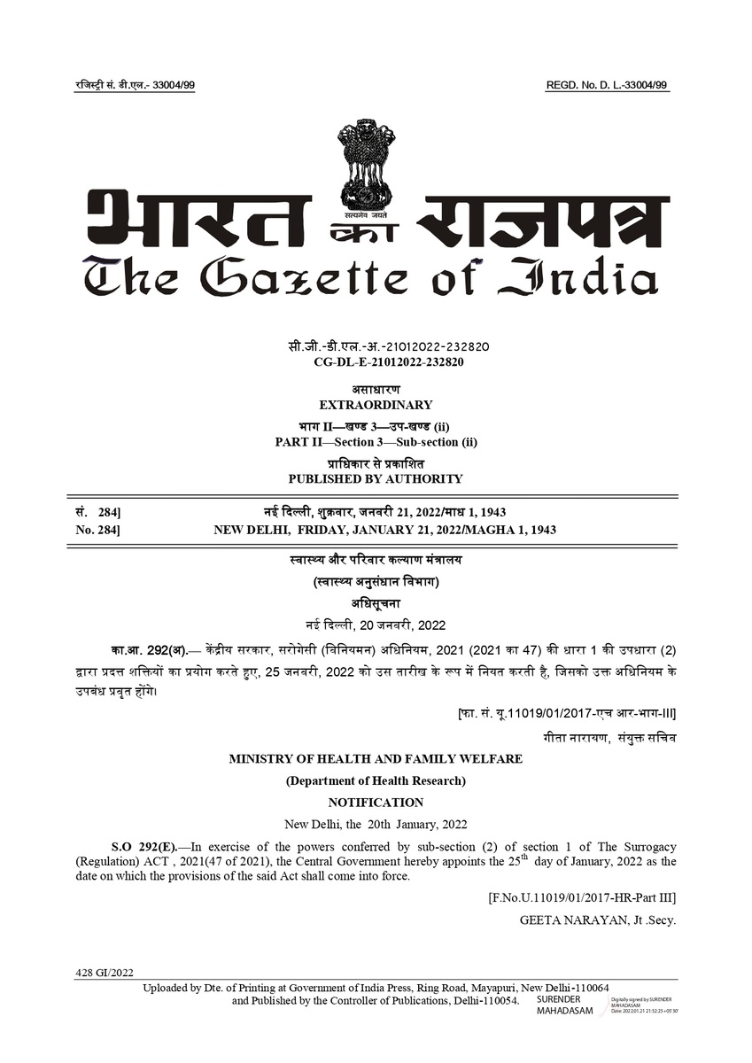 A screenshot of an official, public notification from the Gazette of India announcing the enforcement date of the Surrogacy (Regulation) Act, 2021. The text is in English and Hindi, and describes the source of the notification (Ministry of Health and Family Welfare, Department of Health Research, Government of India), and states that the provisions of the Act will come into force on January 25, 2022.
