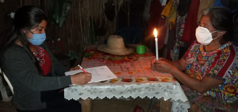 The photograph shows two women on a table with one woman holding a candlelight. Both women are masked. The other woman is writing on a notepad.