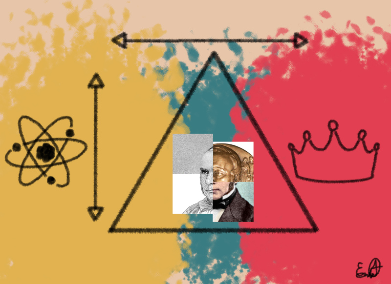 This is a collage with a triangle in between and a photo of a man in the center. The man's photo has been divided into four parts. There are splashes of yellow, blue, and red in the background. There is an orbit drawing on one side of the triangle and a crown on another side. 
