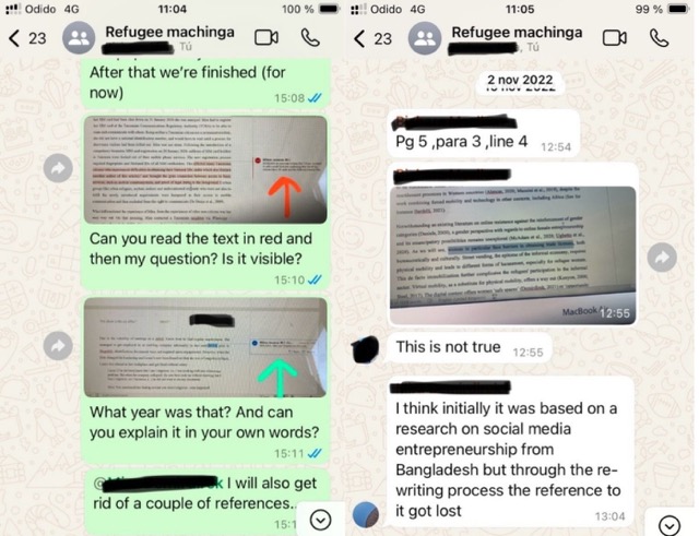 Screenshots of two WhatsApp conversations, demonstrating how the authors used WhatsApp to collaborate. In the first image, one author uses arrows to ask if the others can see the comments made on the document. In the second image, an author factchecks another author's work.