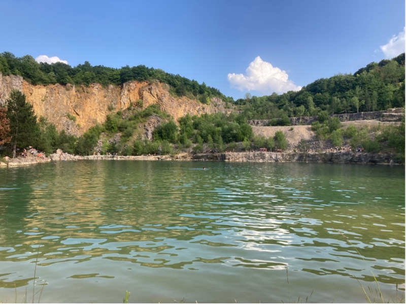 An image of a protected landscape area, the Czech Karst. It shows limestone rocks, light open deciduous woods and forest-steppes with flowering rocks and the canyon valley of Berounka River. Beginning to form in the Palaeozoic Sea 400-million years ago, it is also the largest karst area in Bohemia.
