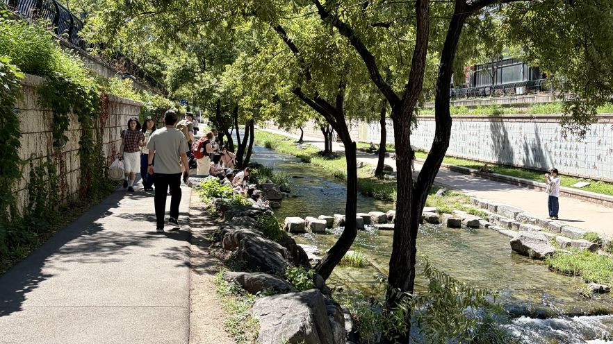 A stream, shaded by trees, flows through an urban area. On the left, people gather on the sidewalk, while a road runs along the right. 