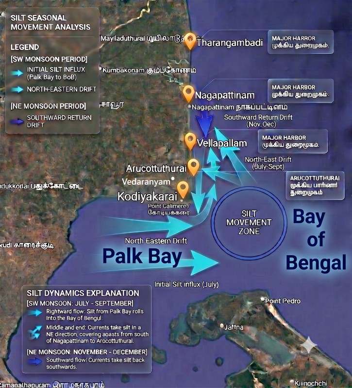 The image is a map of the southern coast Tamil Nadu, India on its right and northwestern coast of Sri Lanka on its left-side. Palk Bay is represented between coasts of Tamil Nadu and Sri Lanka. The silt flows during southwest monsoon are represented on the maps using eights arrows, grouped into three main directions. The first set of arrows, represented in turquoise, denotes the initial slit influx, from Palk Bay to Bay of Bengal. The second set of arrows, also in turquoise, towards right and are termed as north eastern drift. They are used to represent the removal of silt from coastal town Karaikudi on the left towards Palk Bay. One of these arrows turn a sharp edge on the coast and points to north representing the northern flow of slit.