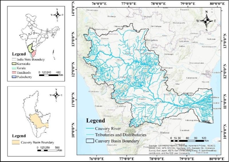 Image of the tributaries converging at Kaveri Delta in the state of Tamil Nadu. The tributaries join the Bay of Bengal at three key coastal places and these places are denoted as Mayiladutharai, Karaikal and Nagapattinam, from north to south. 
